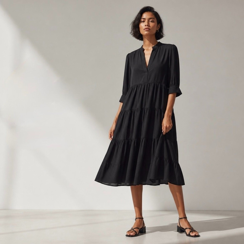 Nouvelle Silk95Five Khaya Tiered 3/4-sleeve Silk Dress Size M